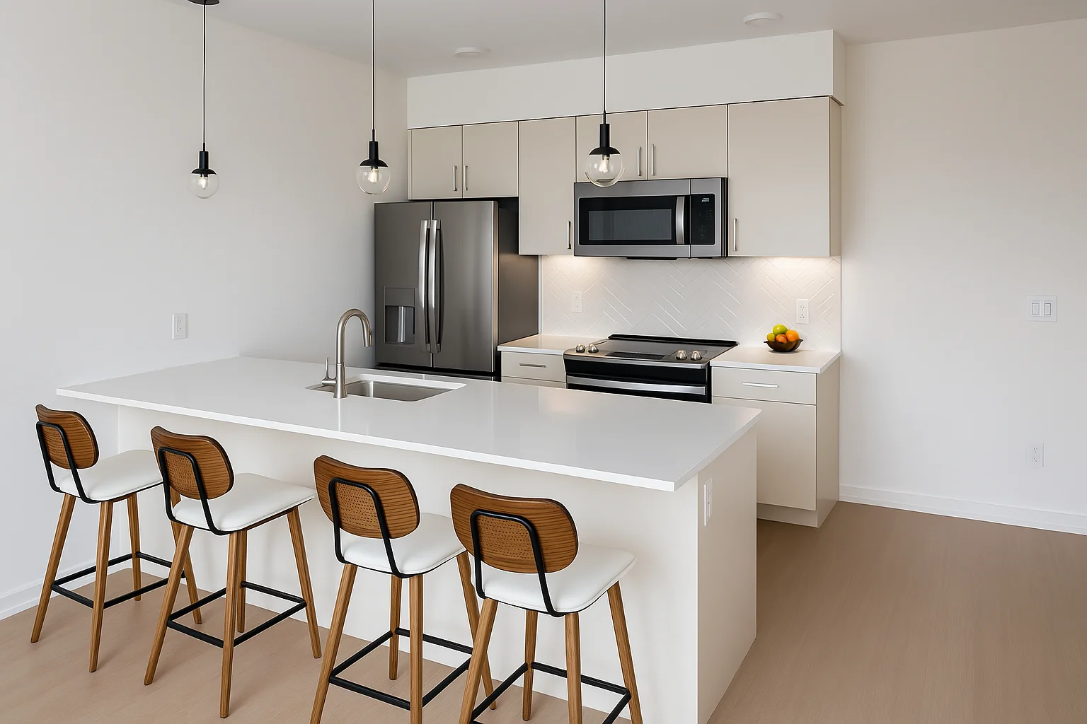 Custom single-wall kitchen with backsplash and cabinets