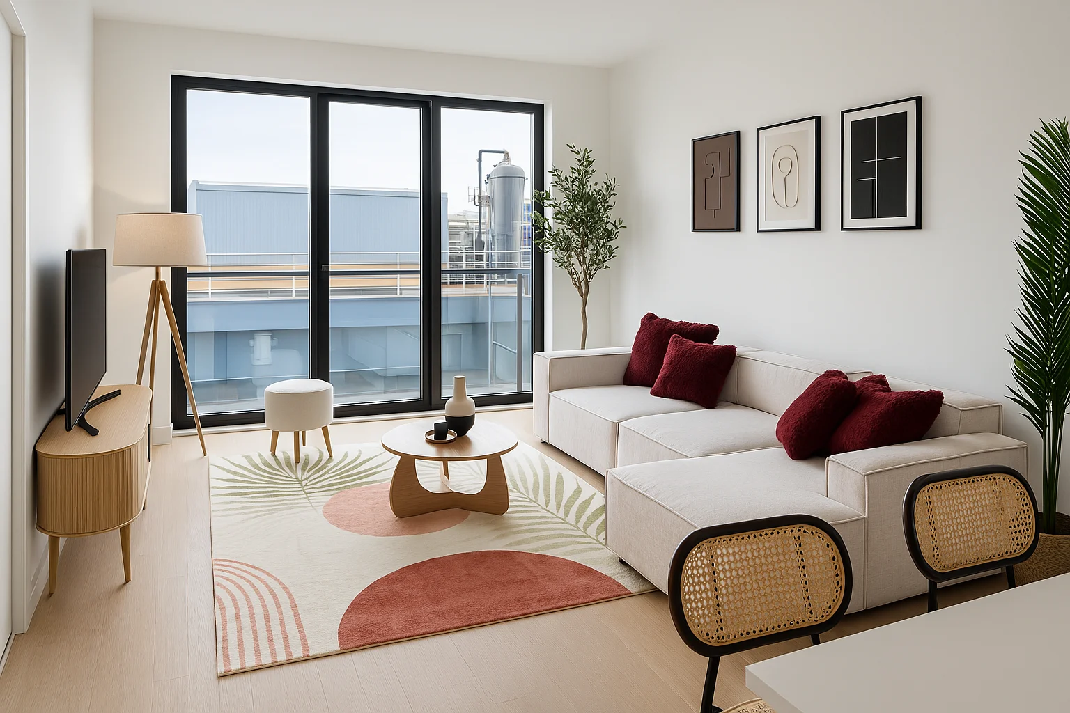 Modern industrial living room with wooden finishes