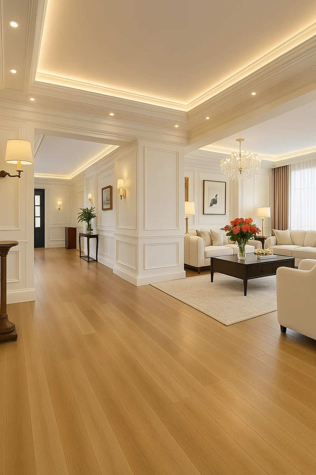 Elegant living room with natural light and wood accents